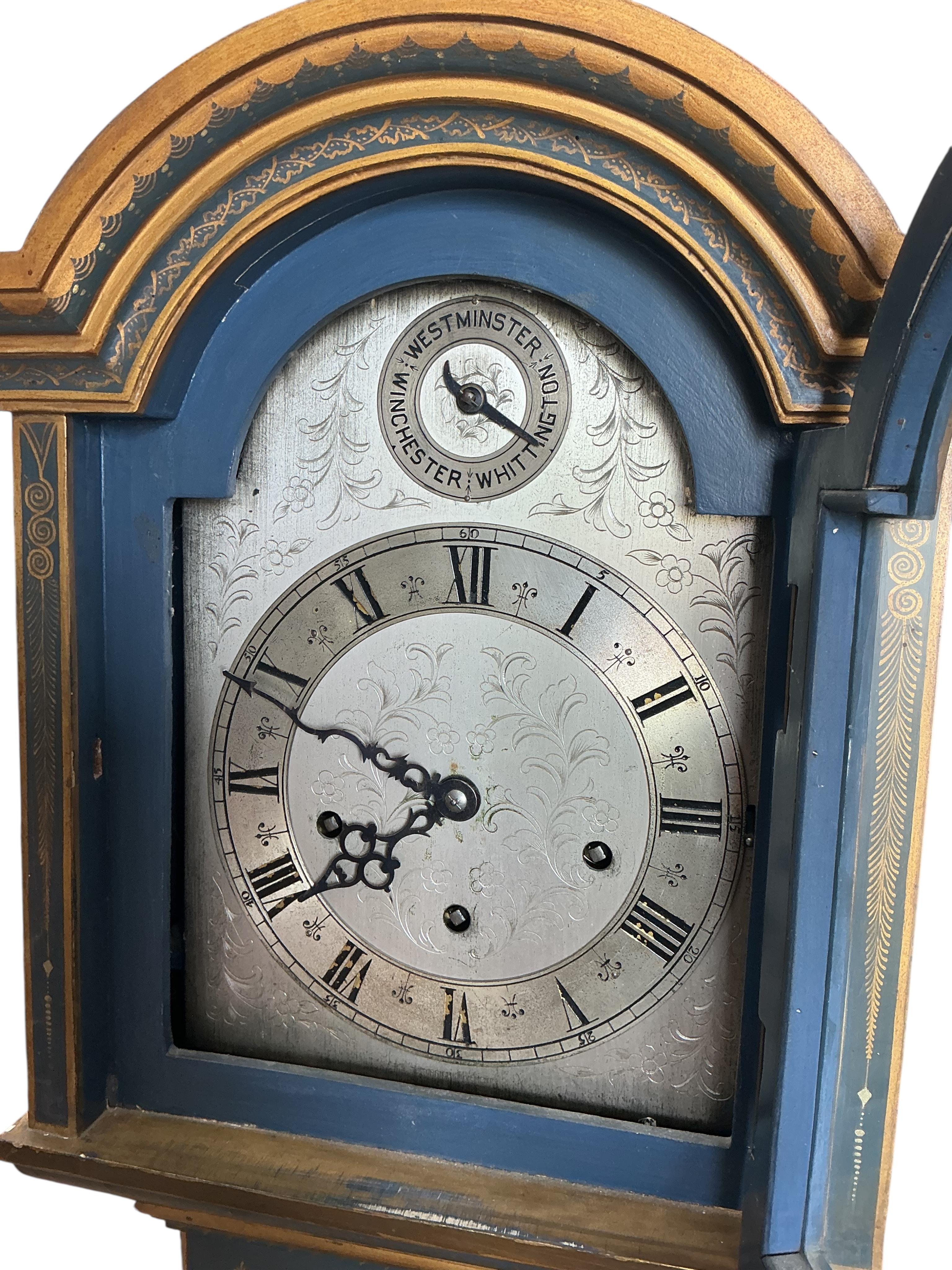 An early 20th century chinoiserie lacquer grandmother clock with silvered dial, height 172cm